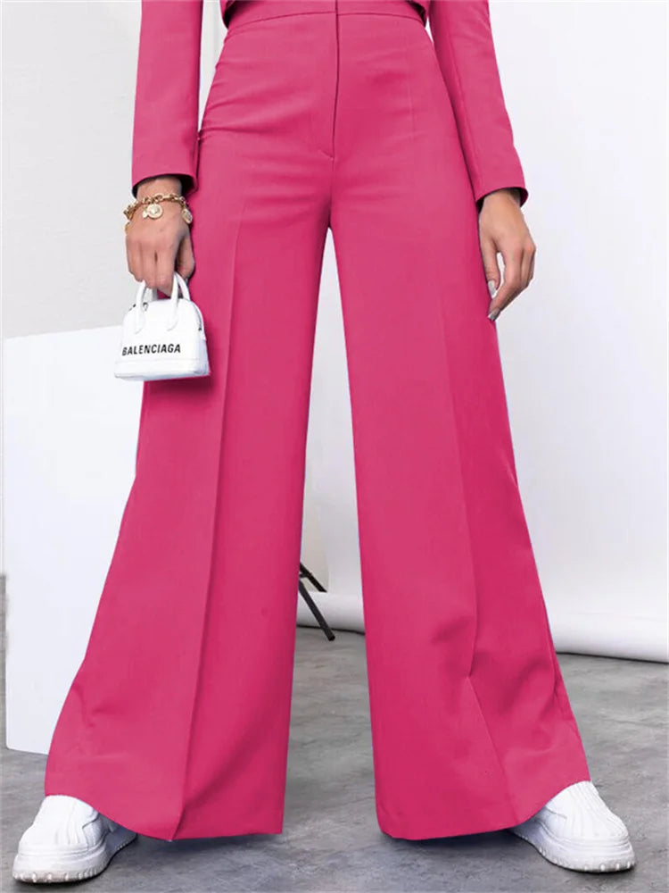 Two Piece Long Sleeve Suit & High Waist Wide Leg Pants