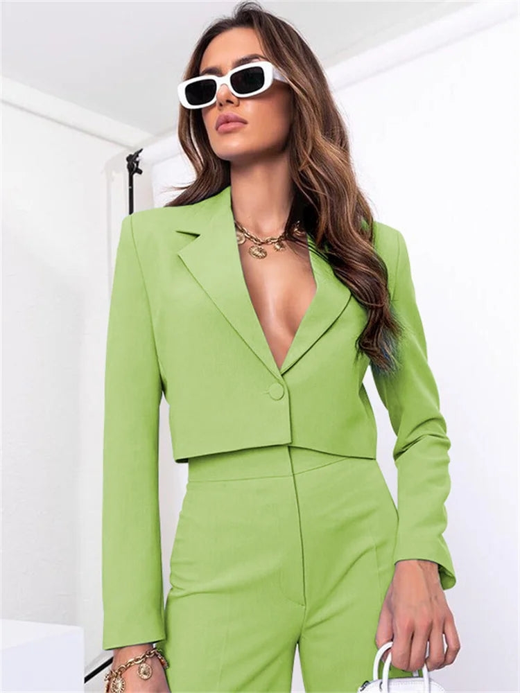 Two Piece Long Sleeve Suit & High Waist Wide Leg Pants