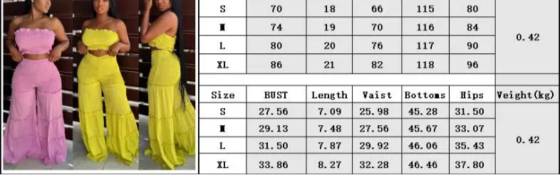 Two women wearing a two-piece outfit with a size chart on a white background