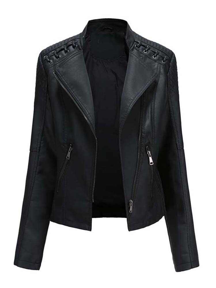 Faux Women's Leather Jackets Long Sleeve - JELESACK