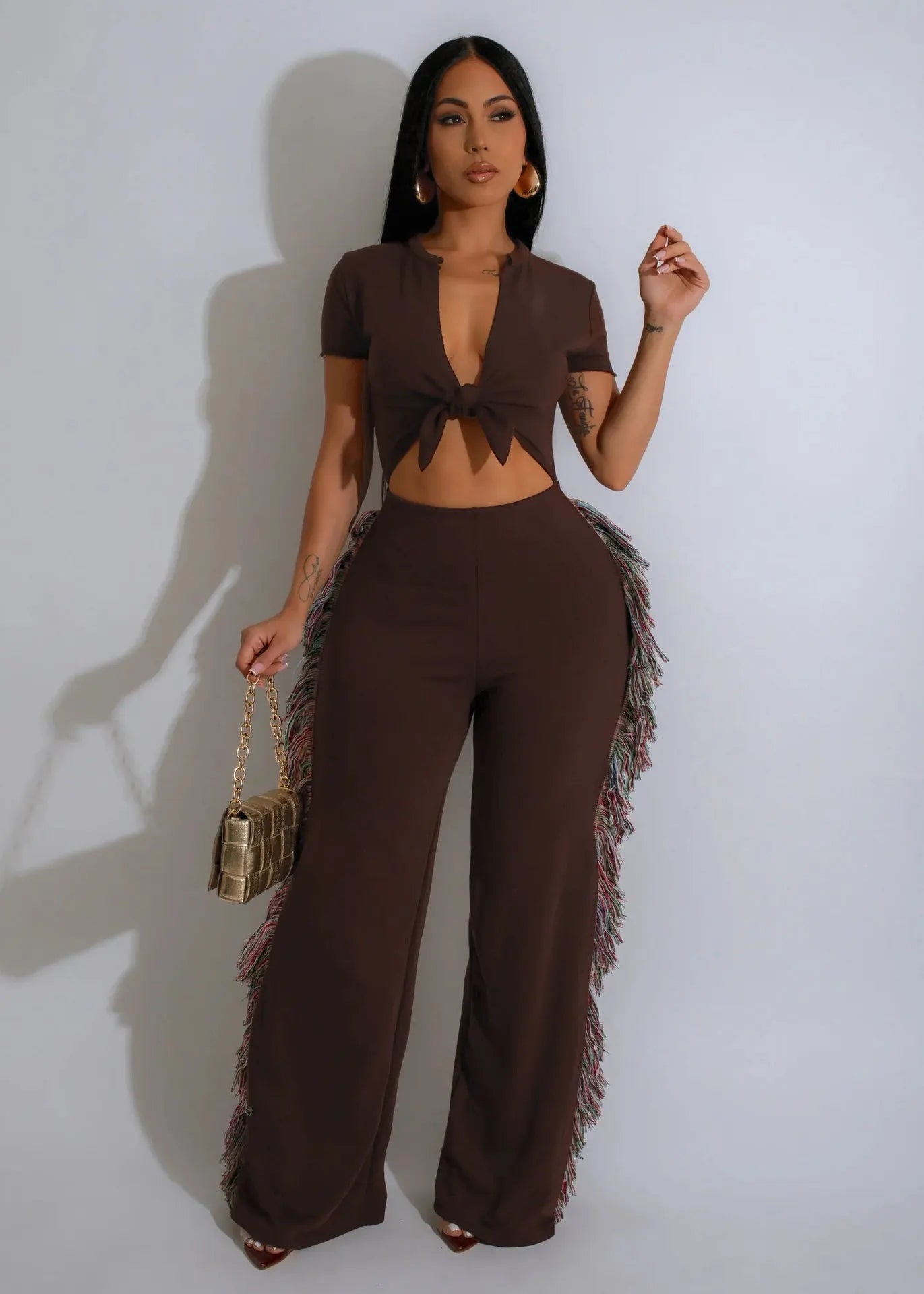 Short Sleeve Tassel  V-Neck Tie Up Sporty Jumpsuits