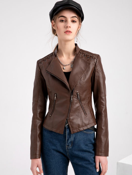 Faux Women's Leather Jackets Long Sleeve - JELESACK