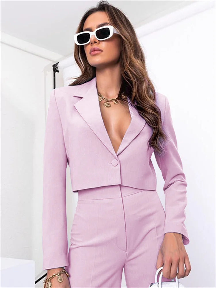 Two Piece Long Sleeve Suit & High Waist Wide Leg Pants