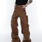 Long Loose Casual Brown Black Pu Leather Pants