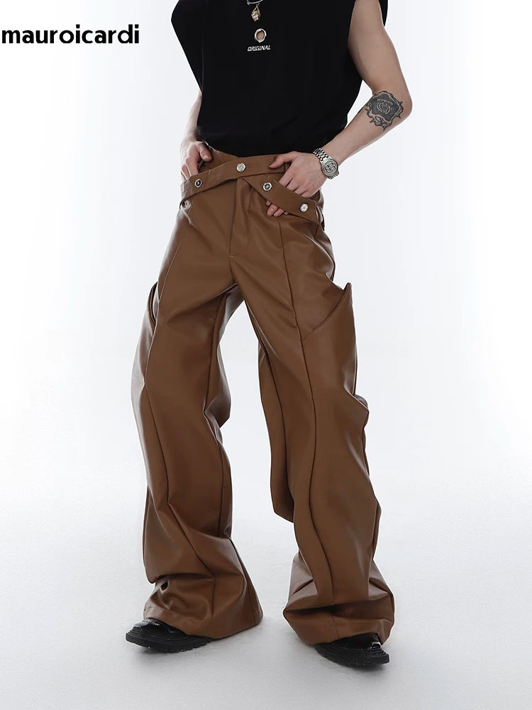 Long Loose Casual Brown Black Pu Leather Pants