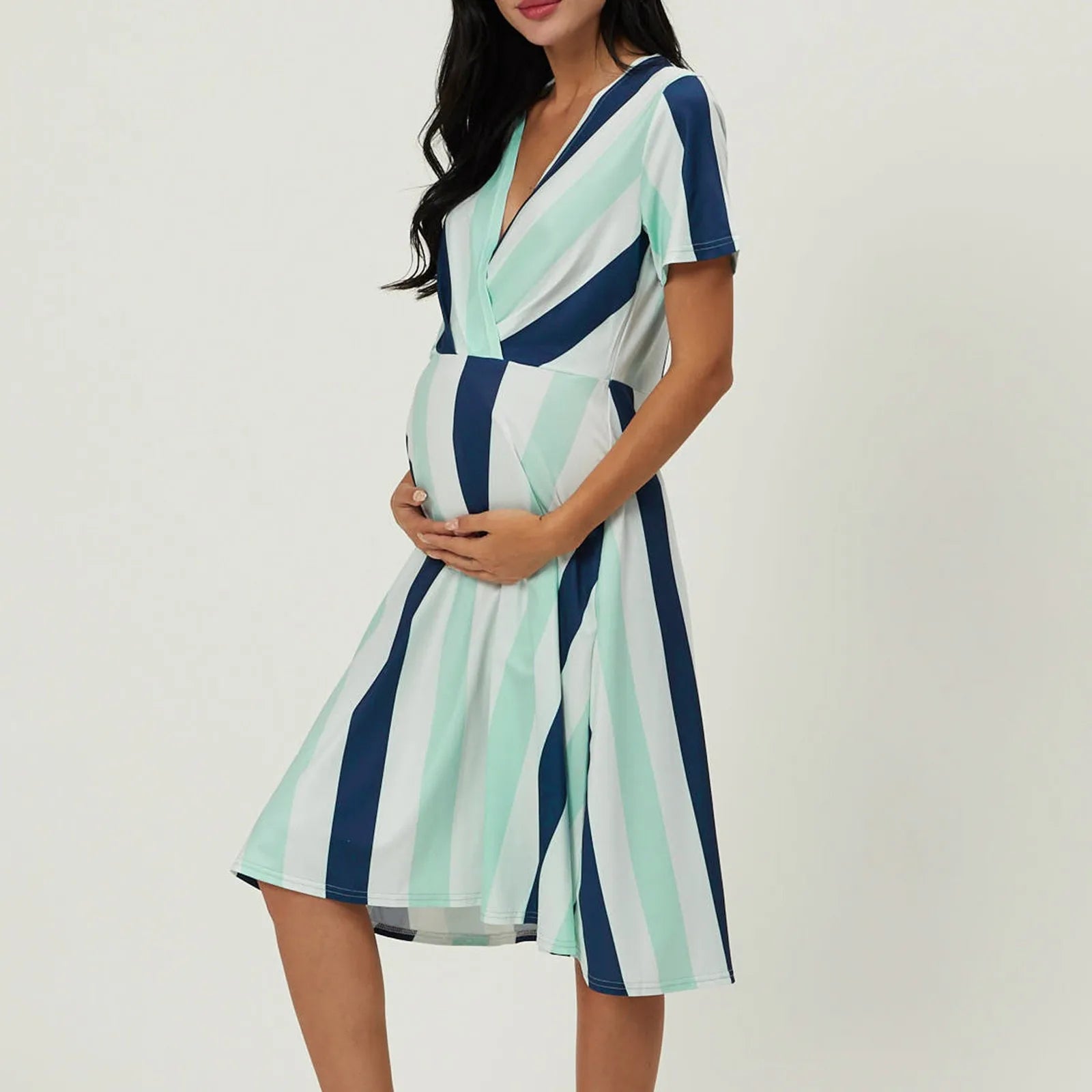 Maternity Casual Short Sleeve V Neck Striped Printed Dress - JELESACK