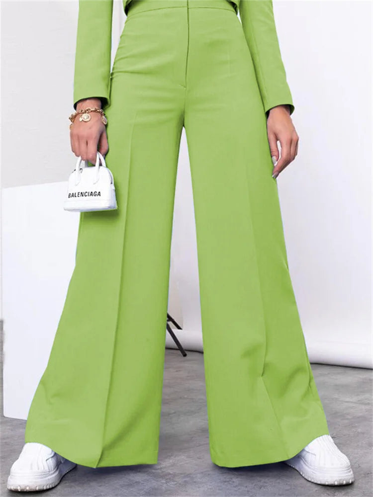 Two Piece Long Sleeve Suit & High Waist Wide Leg Pants