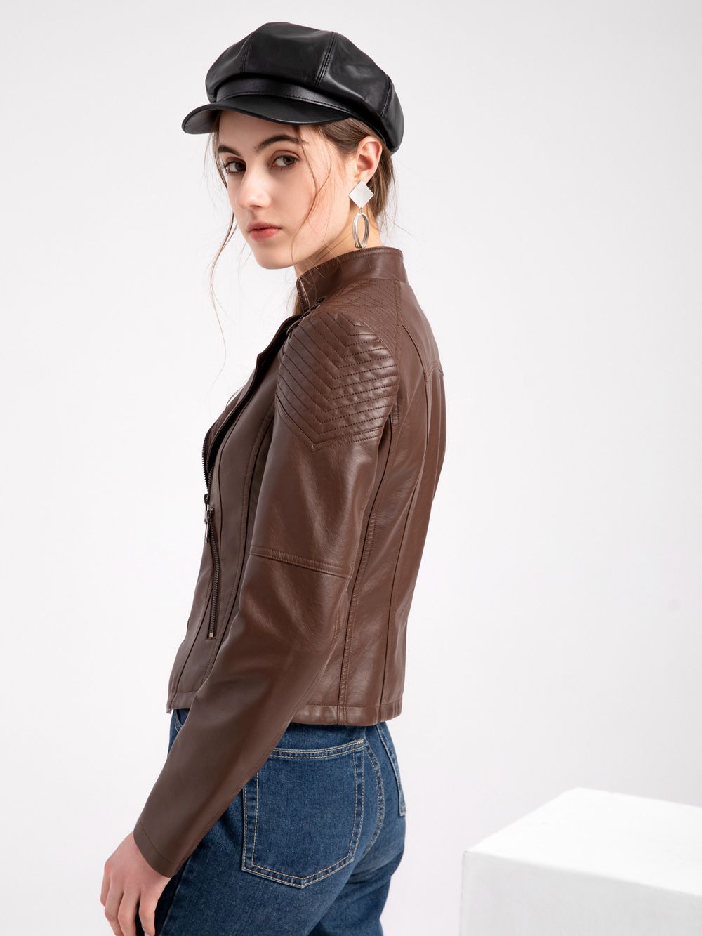 Faux Women's Leather Jackets Long Sleeve - JELESACK