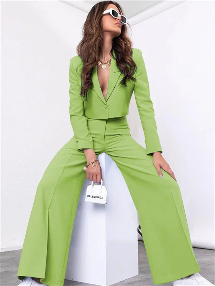 Two Piece Long Sleeve Suit & High Waist Wide Leg Pants