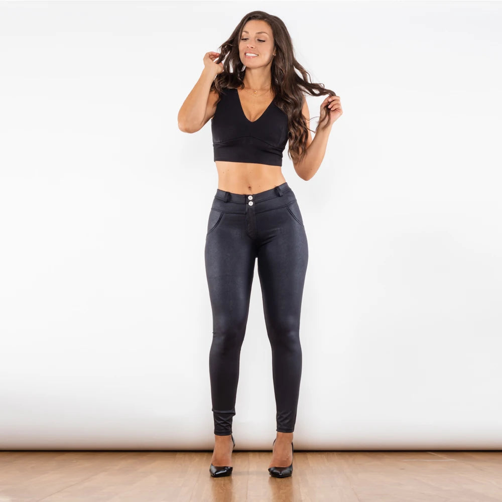 Black Coated Leggings Push Up Effective Bum Lift Pants - JELESACK