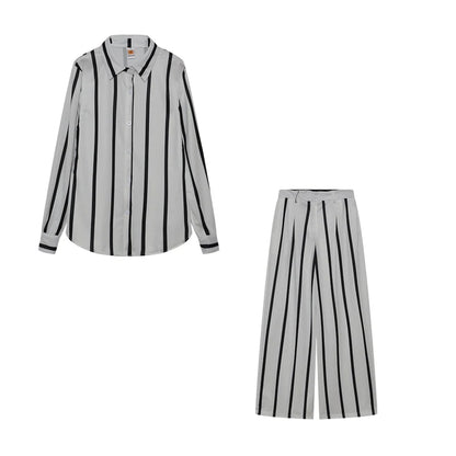 Printed Striped Shirt & Loose Straight Trousers