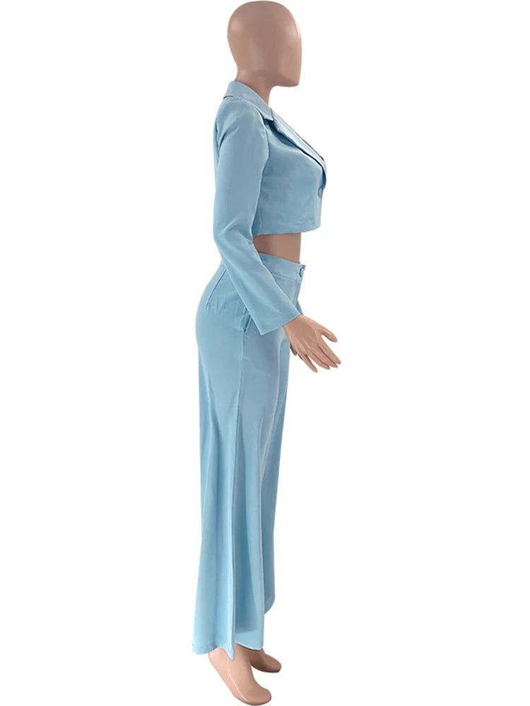 Two Piece Long Sleeve Suit & High Waist Wide Leg Pants