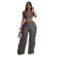 Short Sleeve Tassel  V-Neck Tie Up Sporty Jumpsuits