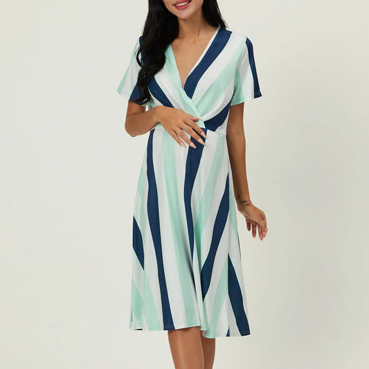 Maternity Casual Short Sleeve V Neck Striped Printed Dress - JELESACK