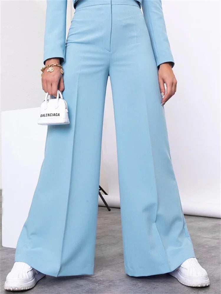 Two Piece Long Sleeve Suit & High Waist Wide Leg Pants