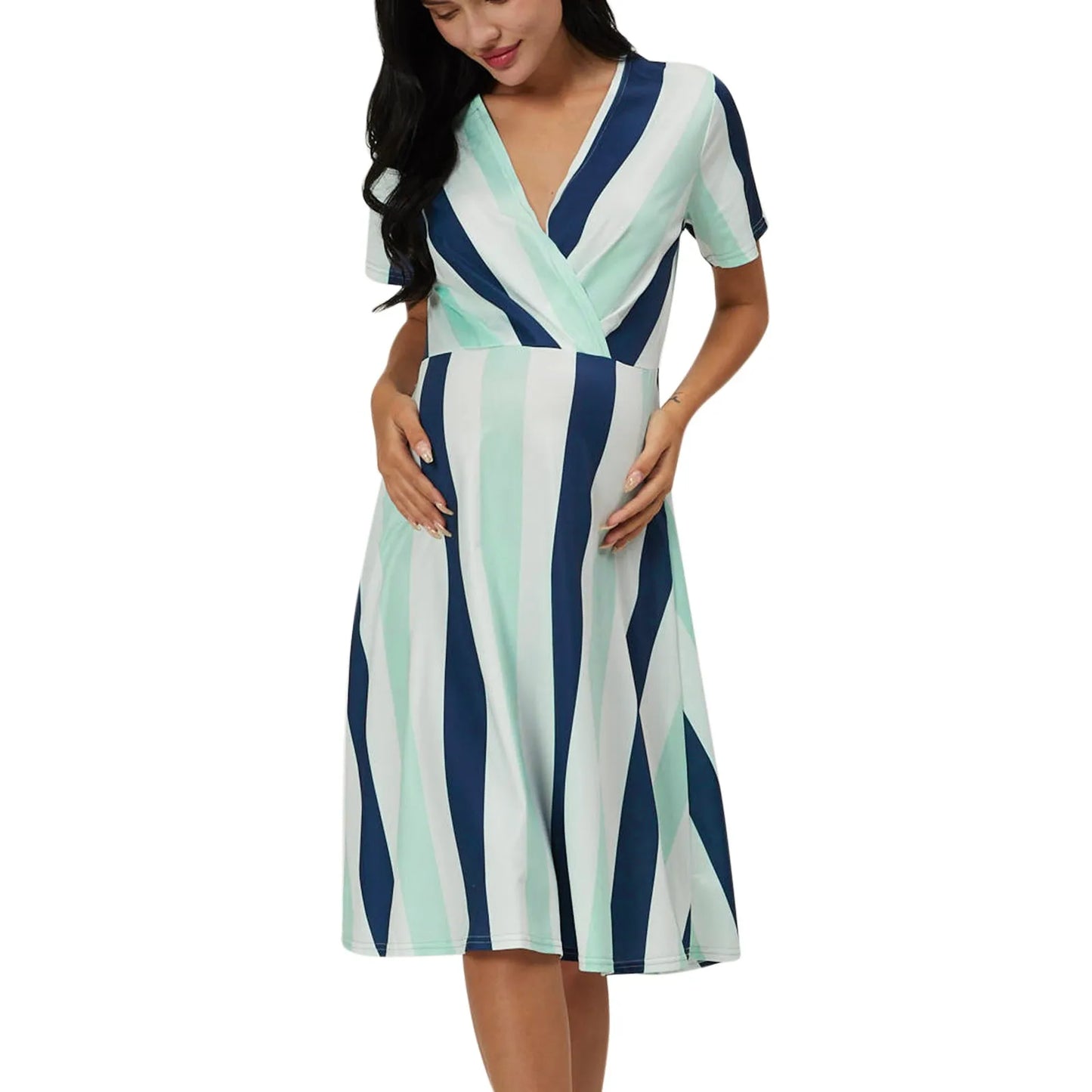 Maternity Casual Short Sleeve V Neck Striped Printed Dress - JELESACK