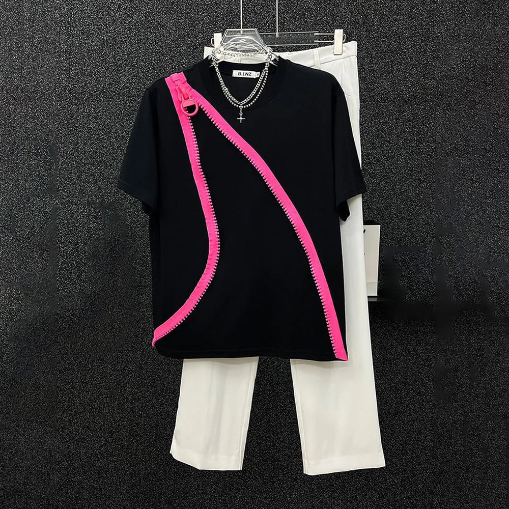 Mens T-Shirt  Zipper Short-Sleeved T-Shirt