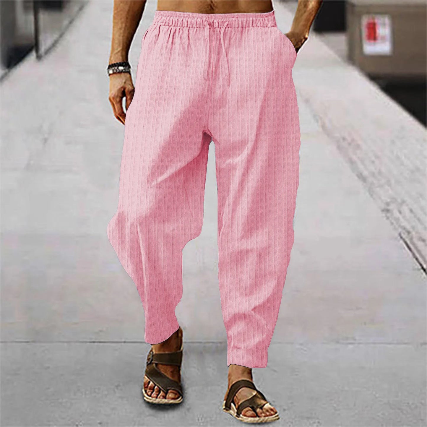 Breathable blend cotton stripe loose trousers