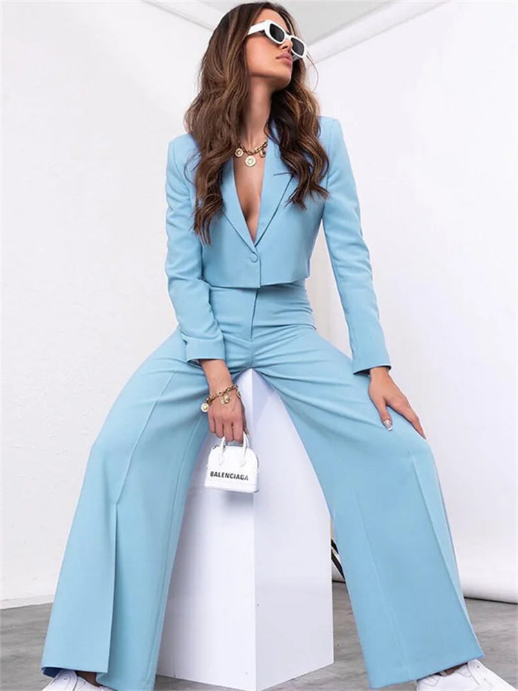 Two Piece Long Sleeve Suit & High Waist Wide Leg Pants