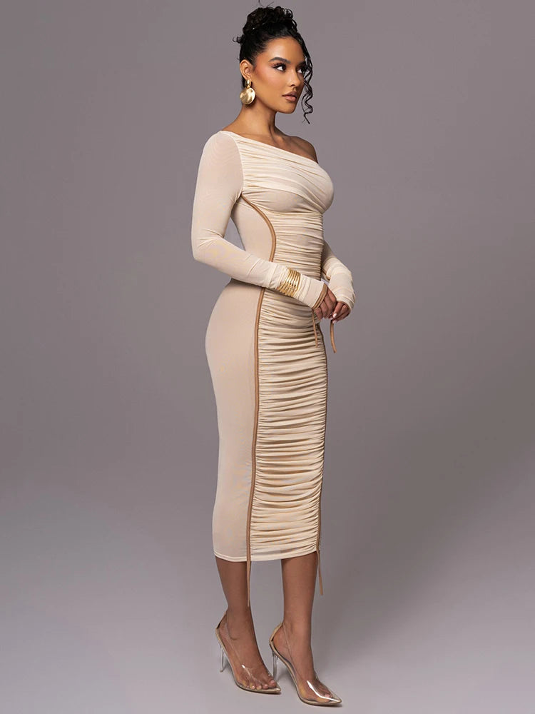 Two Layer Mesh Backless Ruched Bodycon Long Dress - JELESACK