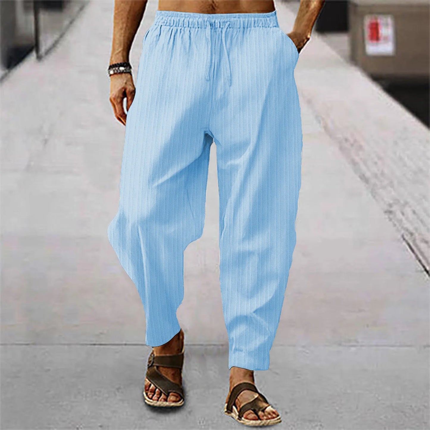 Breathable blend cotton stripe loose trousers