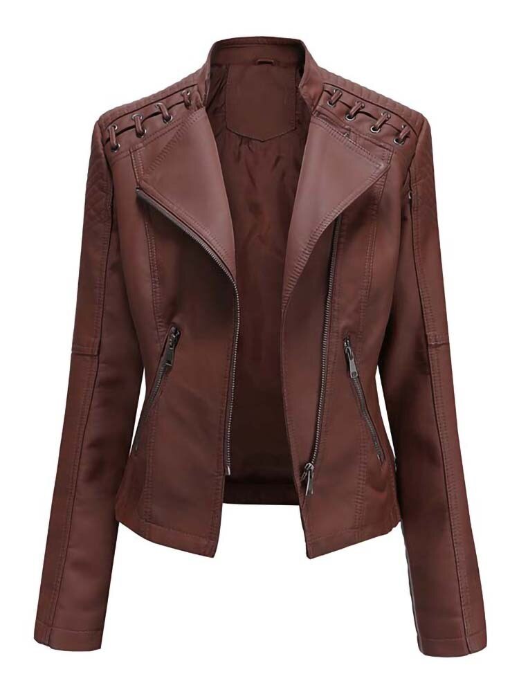 Faux Women's Leather Jackets Long Sleeve - JELESACK