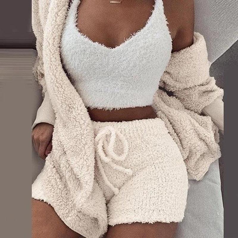 Three Piece Sexy Fluffy Outfits, Plush Velvet Hooded Cardigan With Coat, Shorts, and a Crop Top - JELESACK