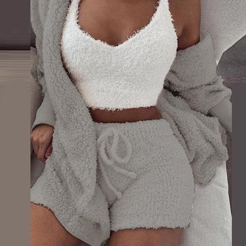 Three Piece Sexy Fluffy Outfits, Plush Velvet Hooded Cardigan With Coat, Shorts, and a Crop Top - JELESACK