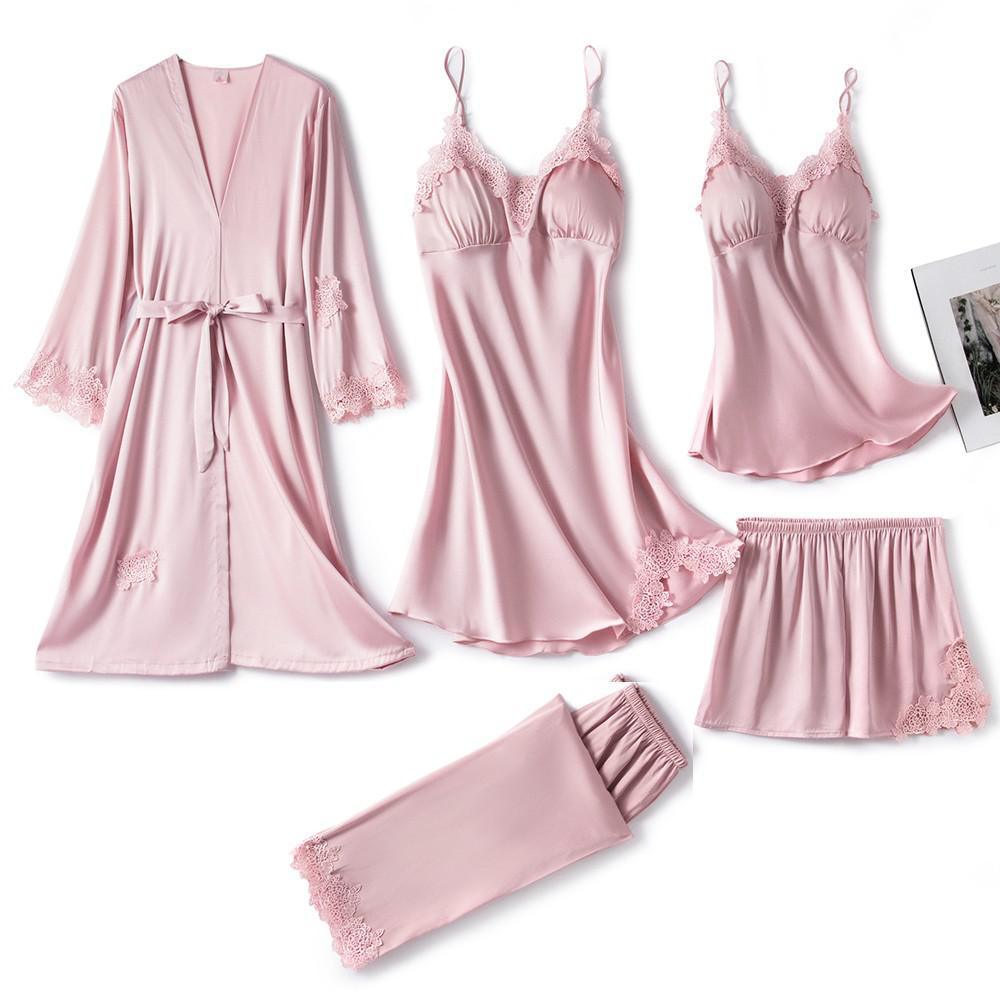 5PC Silk Robe Sleep Suit Women's Lace Satin Pyjamas and night wear - JELESACK