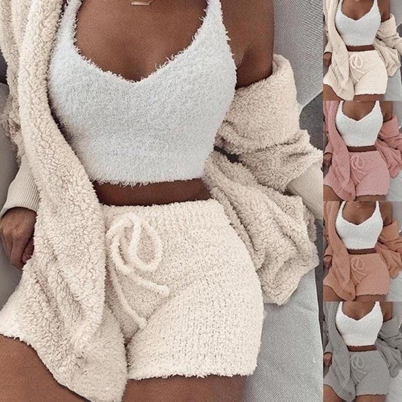 Three Piece Sexy Fluffy Outfits, Plush Velvet Hooded Cardigan With Coat, Shorts, and a Crop Top - JELESACK