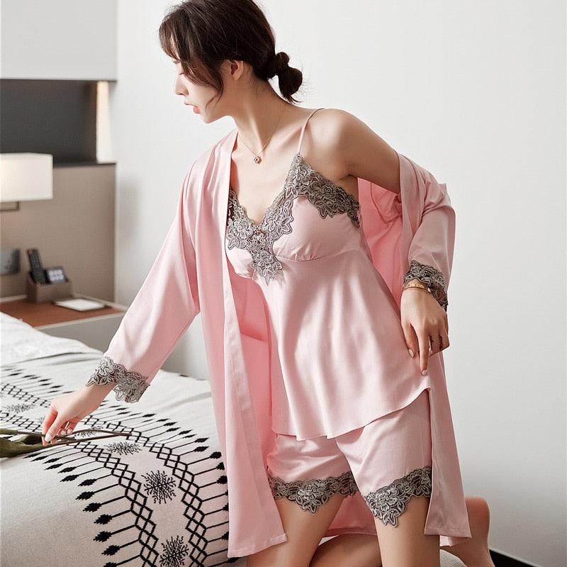 5PC Silk Robe Sleep Suit Women's Lace Satin Pyjamas and night wear - JELESACK