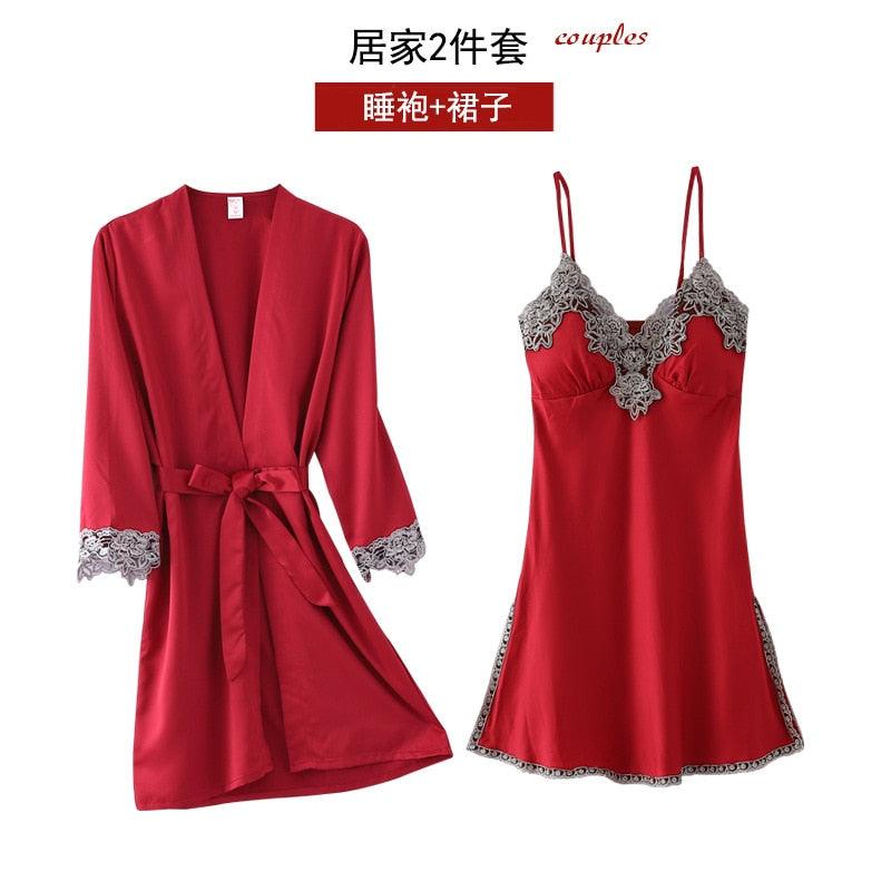 5PC Silk Robe Sleep Suit Women's Lace Satin Pyjamas and night wear - JELESACK