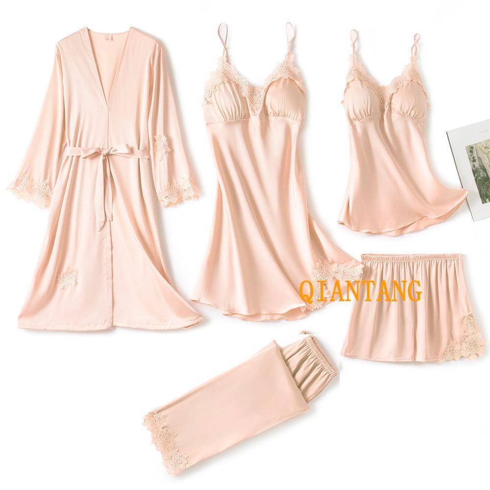 5PC Silk Robe Sleep Suit Women's Lace Satin Pyjamas and night wear - JELESACK