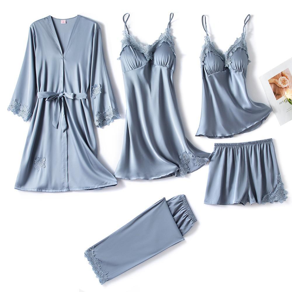 5PC Silk Robe Sleep Suit Women's Lace Satin Pyjamas and night wear - JELESACK