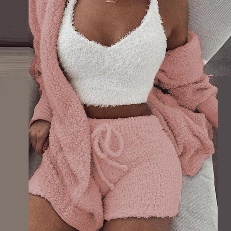 Three Piece Sexy Fluffy Outfits, Plush Velvet Hooded Cardigan With Coat, Shorts, and a Crop Top - JELESACK