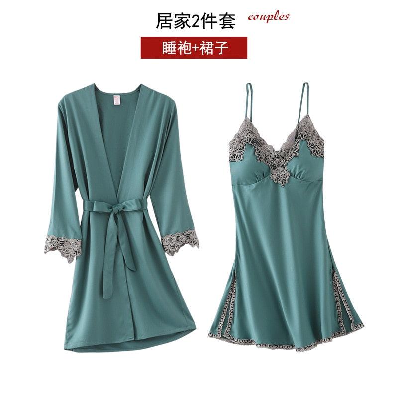 5PC Silk Robe Sleep Suit Women's Lace Satin Pyjamas and night wear - JELESACK