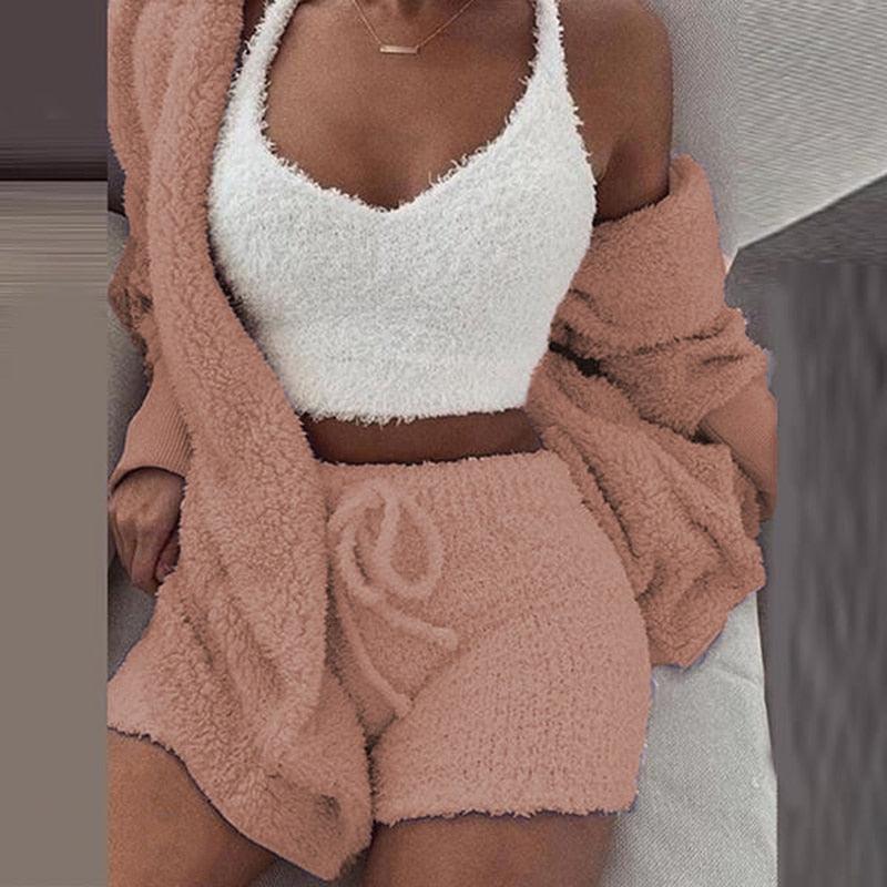 Three Piece Sexy Fluffy Outfits, Plush Velvet Hooded Cardigan With Coat, Shorts, and a Crop Top - JELESACK