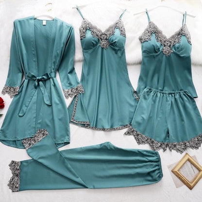 5PC Silk Robe Sleep Suit Women's Lace Satin Pyjamas and night wear - JELESACK