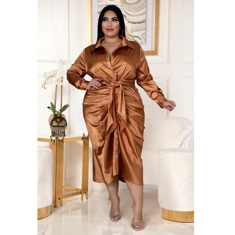 Elegant Satin Plus Size Women Ruched Long Sleeve - JELESACK